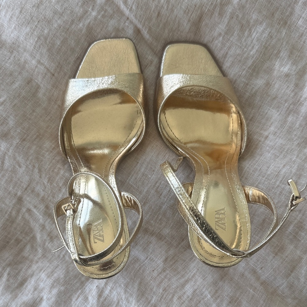 Zara Gold Square-Toe Ankle-Strap Sandals